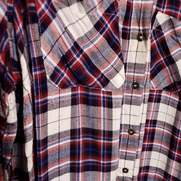 Motherhood Maternity Blue Plaid Silky Button Down Blouse Lace Detail Med… - Picture 4 of 5